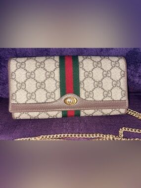Gucci Beige GG Canvas Wallet with Green and Red Web and Gold Hardware